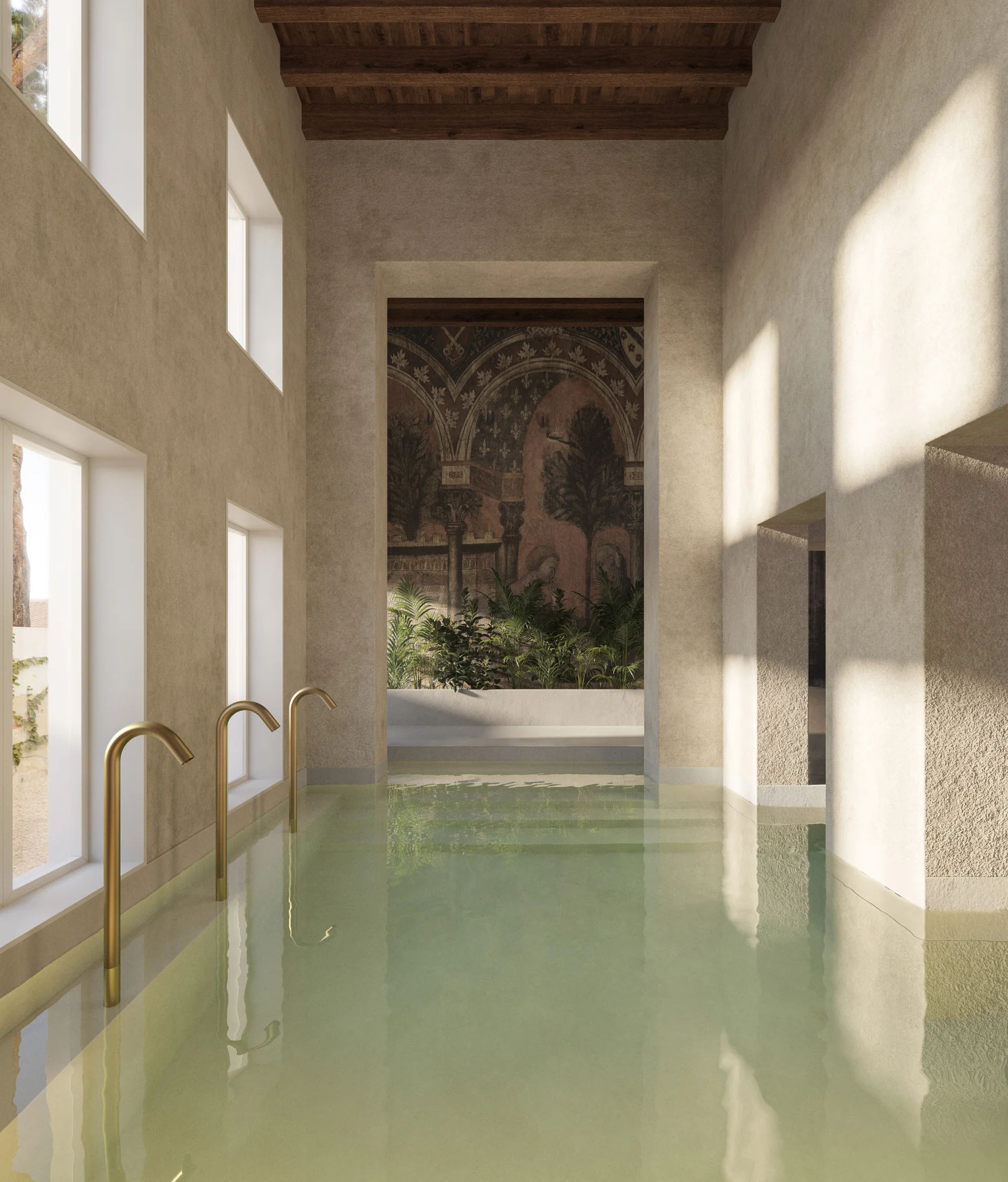 Spa-Bereich mit Innenpool und historischem Wandbild