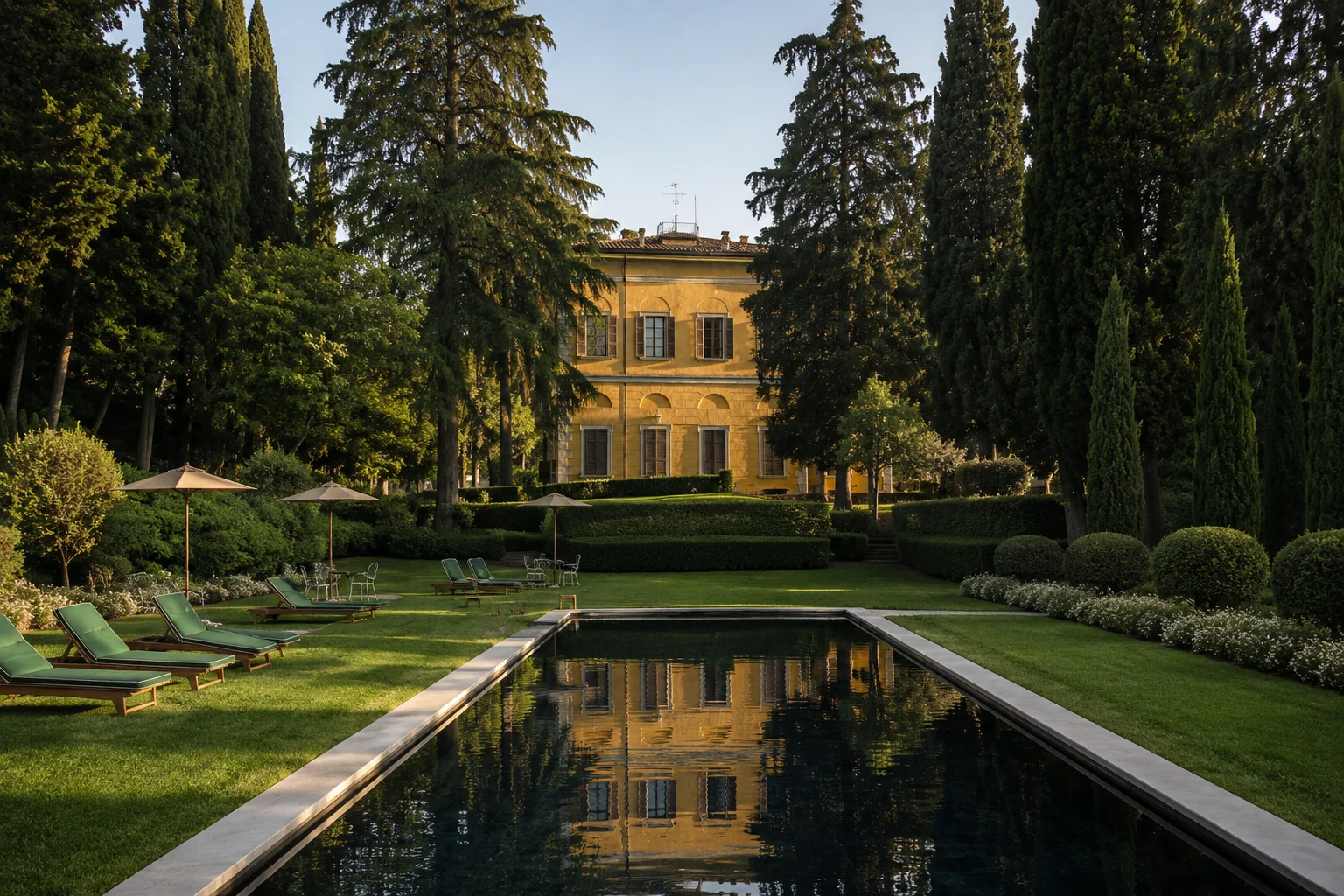 Villa Don Gianni im goldenen Abendlicht, gespiegelt im Pool